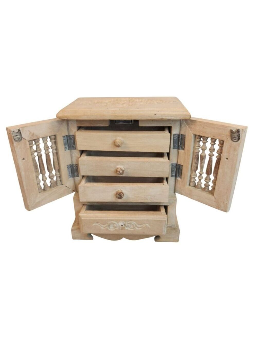 Rustic Handcrafted Wooden Jewelry Box With Intricate Carved Panels & Hinged Door